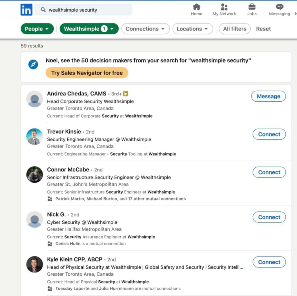 Screenshot of the search results page on LinkedIn for the term Wealthsimple security