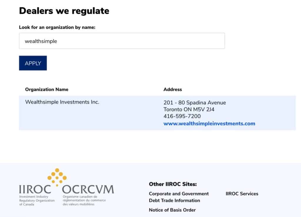 Screenshot of IRROC website where they list the dealers they regulate