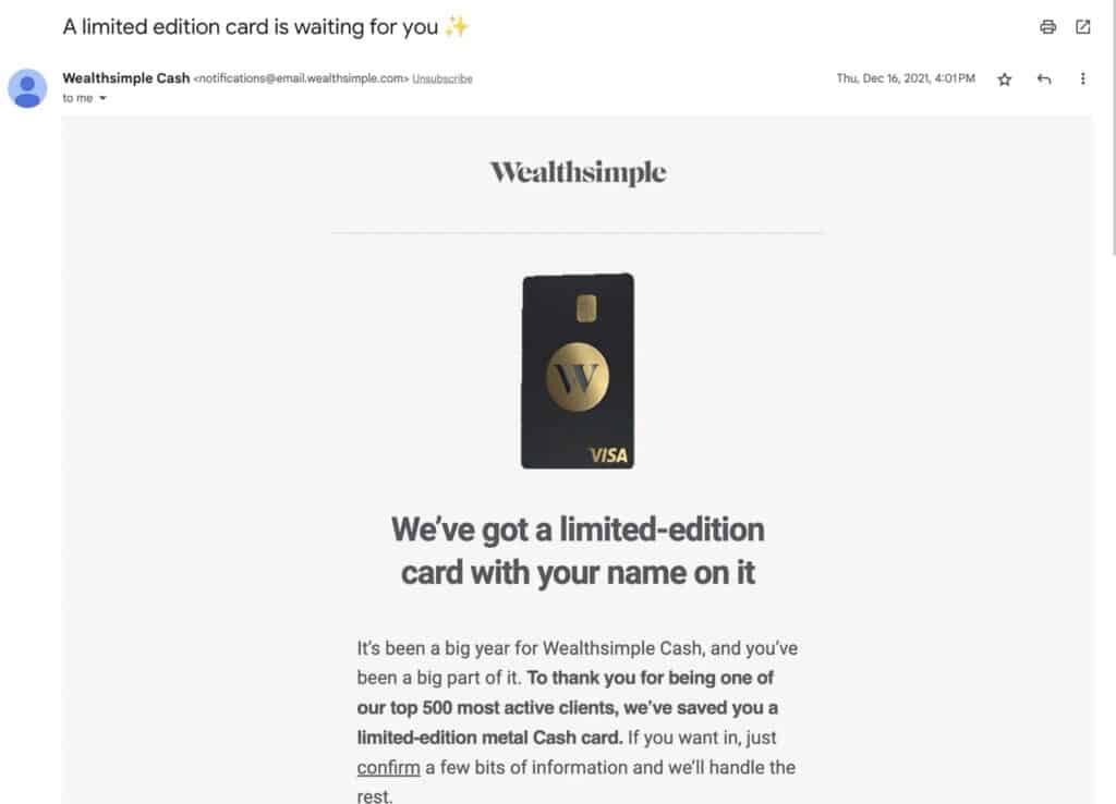 Email from Wealthsimple on my Limited Edition Wealthsimple Cash Card