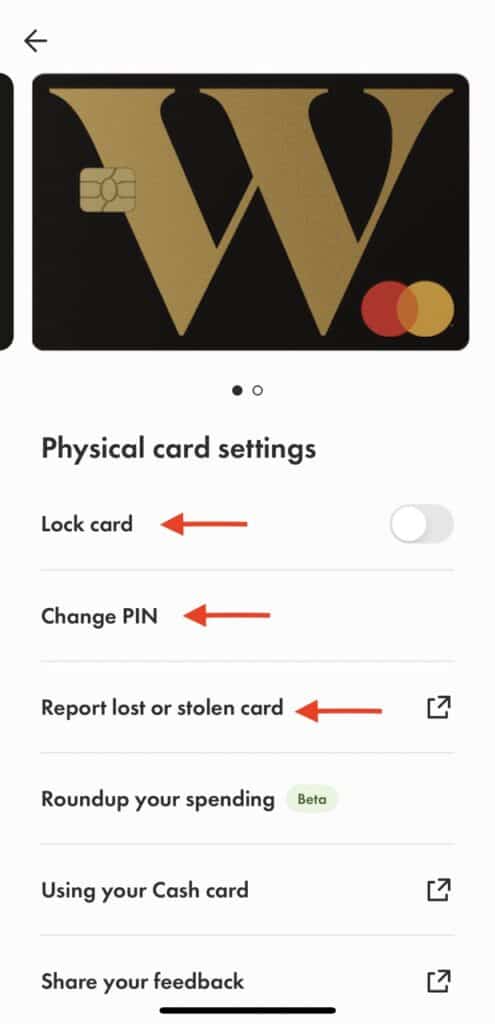 Wealthsimple Cash Physical Card Settings