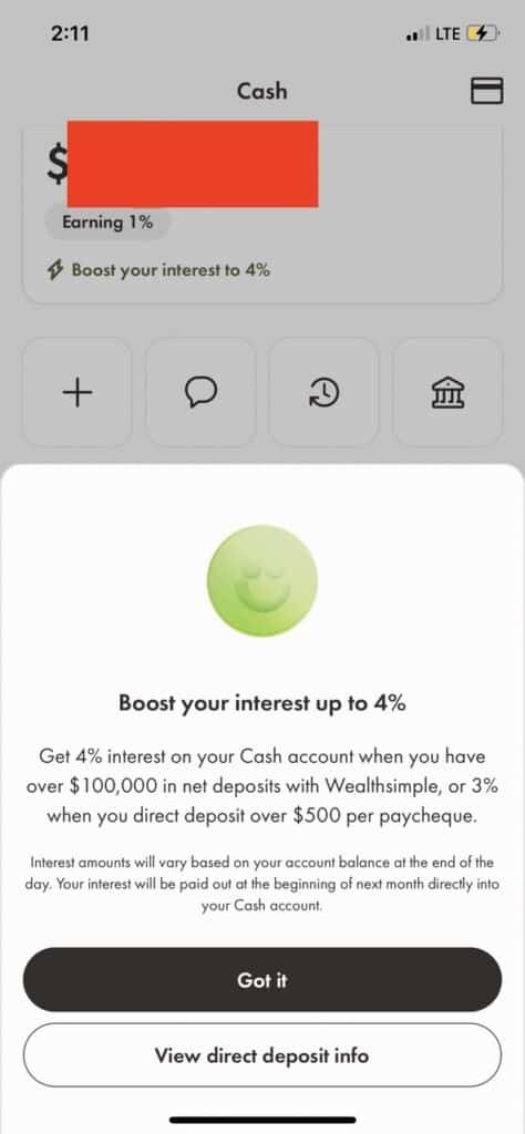 Screenshot of Wealthsimple Cash Interface