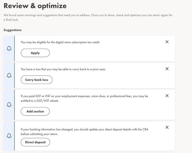 Review and Optimize Section on Wealthsimple Tax Software Interface