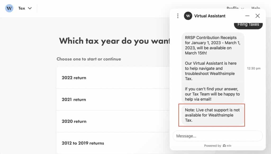 Virtual Chat Section on Wealthsimple Tax Software Interface