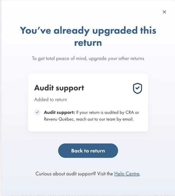 Audit Support Interstitial on Wealthsimple Tax Software Interface