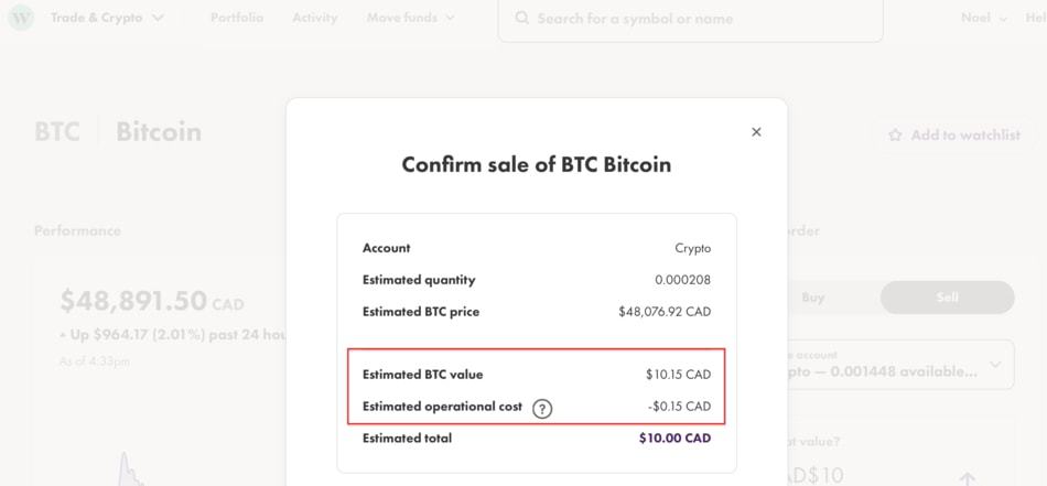 Screenshot of Fees when buying Crypto on Wealthsimple
