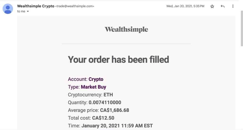 Wealthsimple Crypto Order Confirmation Email