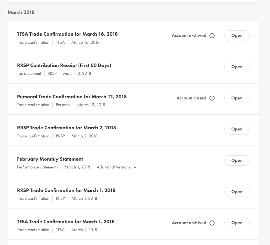 Document Archive from Noel's Wealthsimple account dating back to 2018
