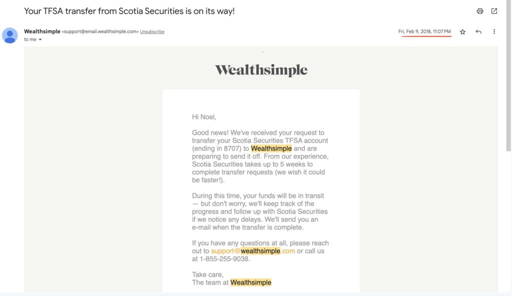 Confirmation email from Wealthsimple about my deposit