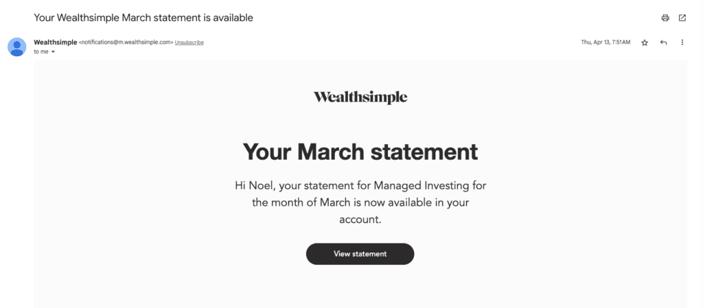 Screenshot of Wealthsimple managed investing monthly statement from March