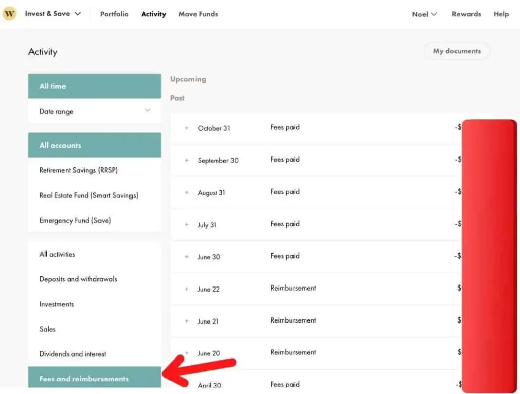 Backend of Wealthsimple screenshot of where to find fees and reimbursements 