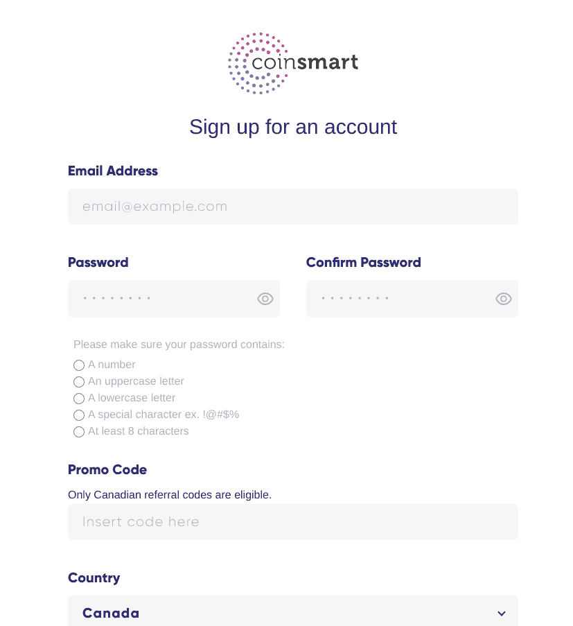 Coinsmart Sign up Now Page