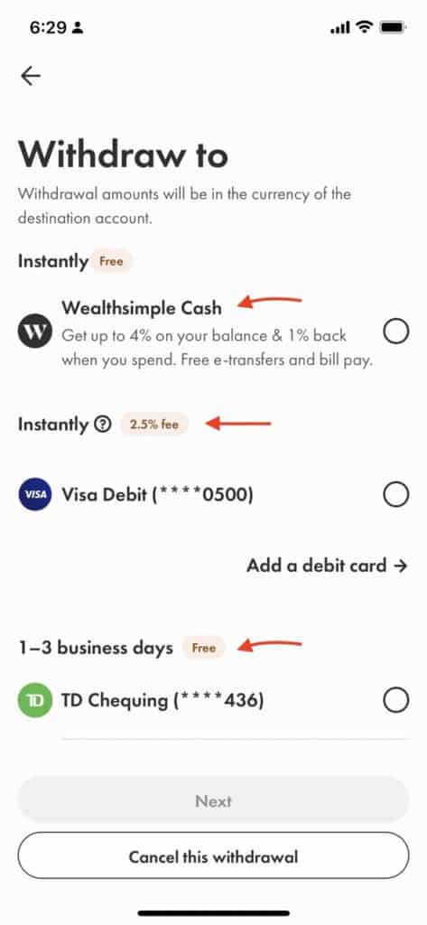 Wealthsimple Withdrawal Options on Mobile