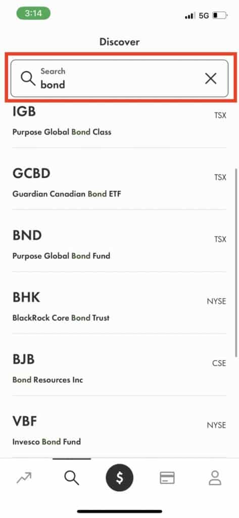 Wealthsimple Trade Search bar with bond typed in