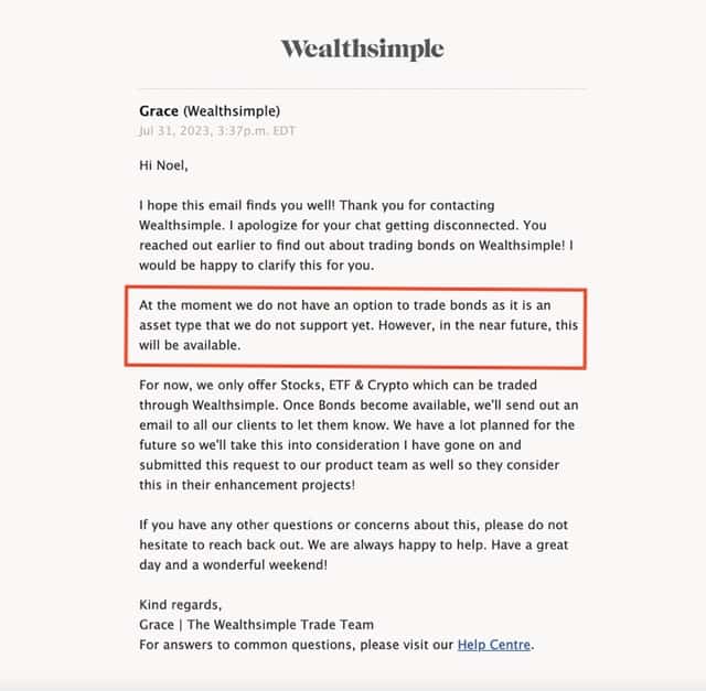Wealthsimple Customer support email.
