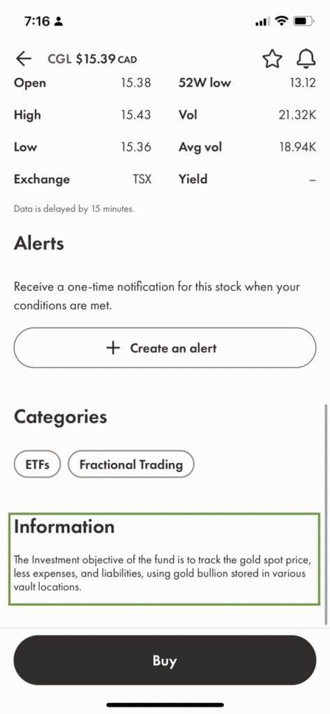 Information section for a gold etf on Wealthsimple trade trading page
