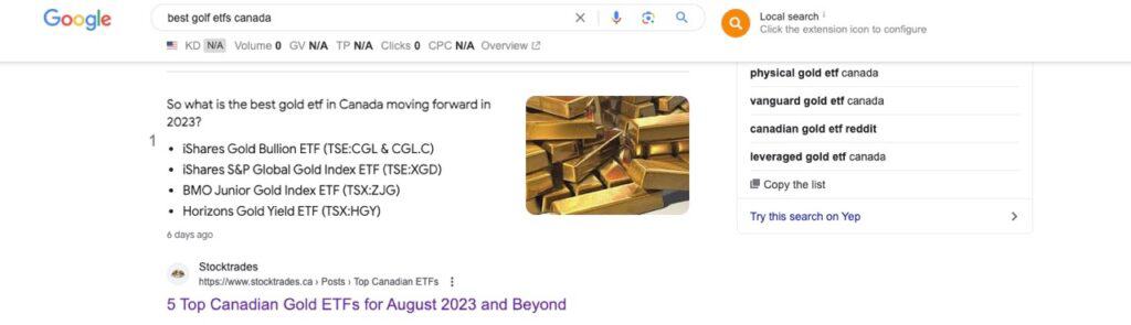 Google Search Engine Results Page for the Query best gold etfs canada