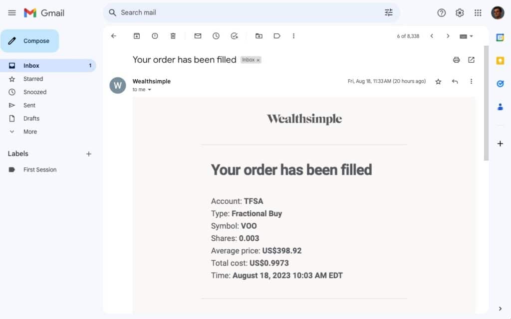 Email Confirmation of Order Being Filled by Wealthsimple