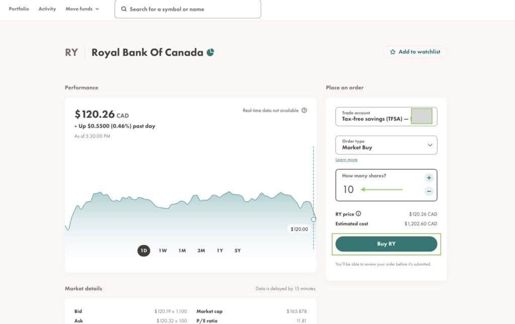 RBC Trading Page on Wealthsimple