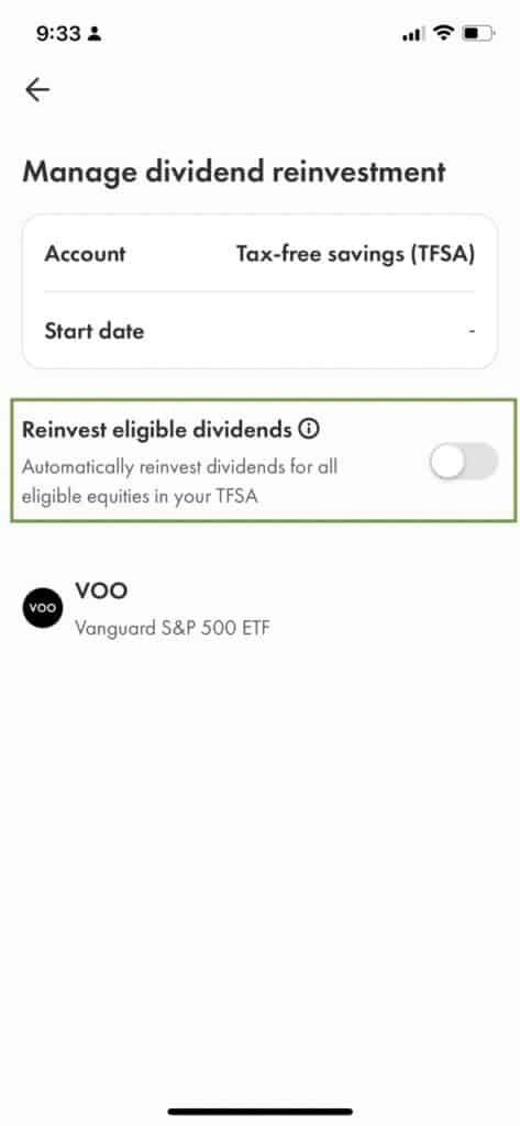 Dividend Reinvestment Toggle on Wealthsimple Trade App