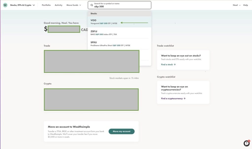 Searching for s&p 500 on Wealthsimple Trade