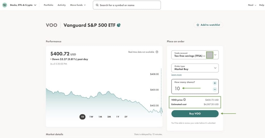 VOO Trading page on Wealthsimple Trade