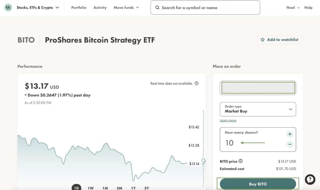 Proshares Bitcoin  ETF Trading Page on Wealthsimple Trade