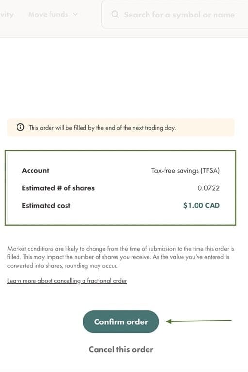 Wealthsimple Trade trading confirmation prompt