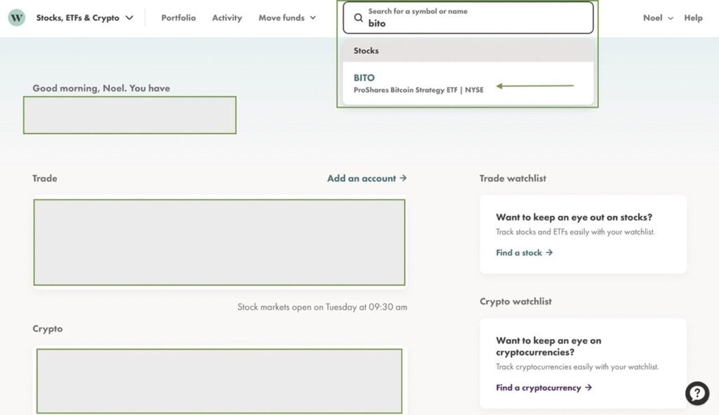 Wealthsimple Trade Homepage with Proshares Bitcoin  ETF in the search bar