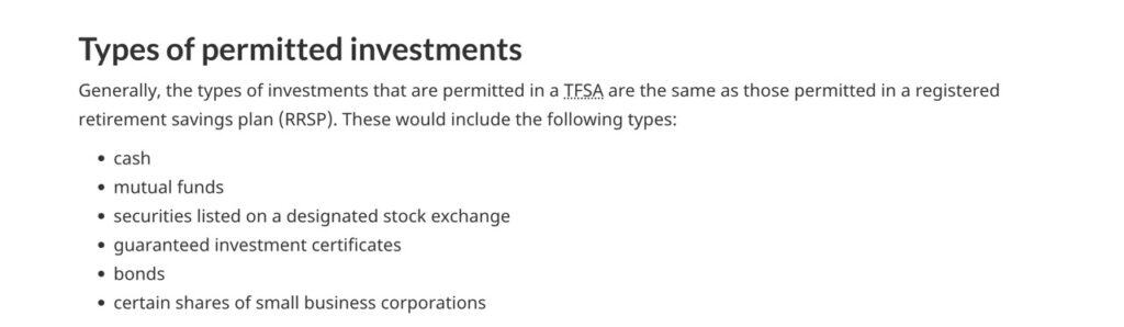List of TFSA permitted investments on CRA website